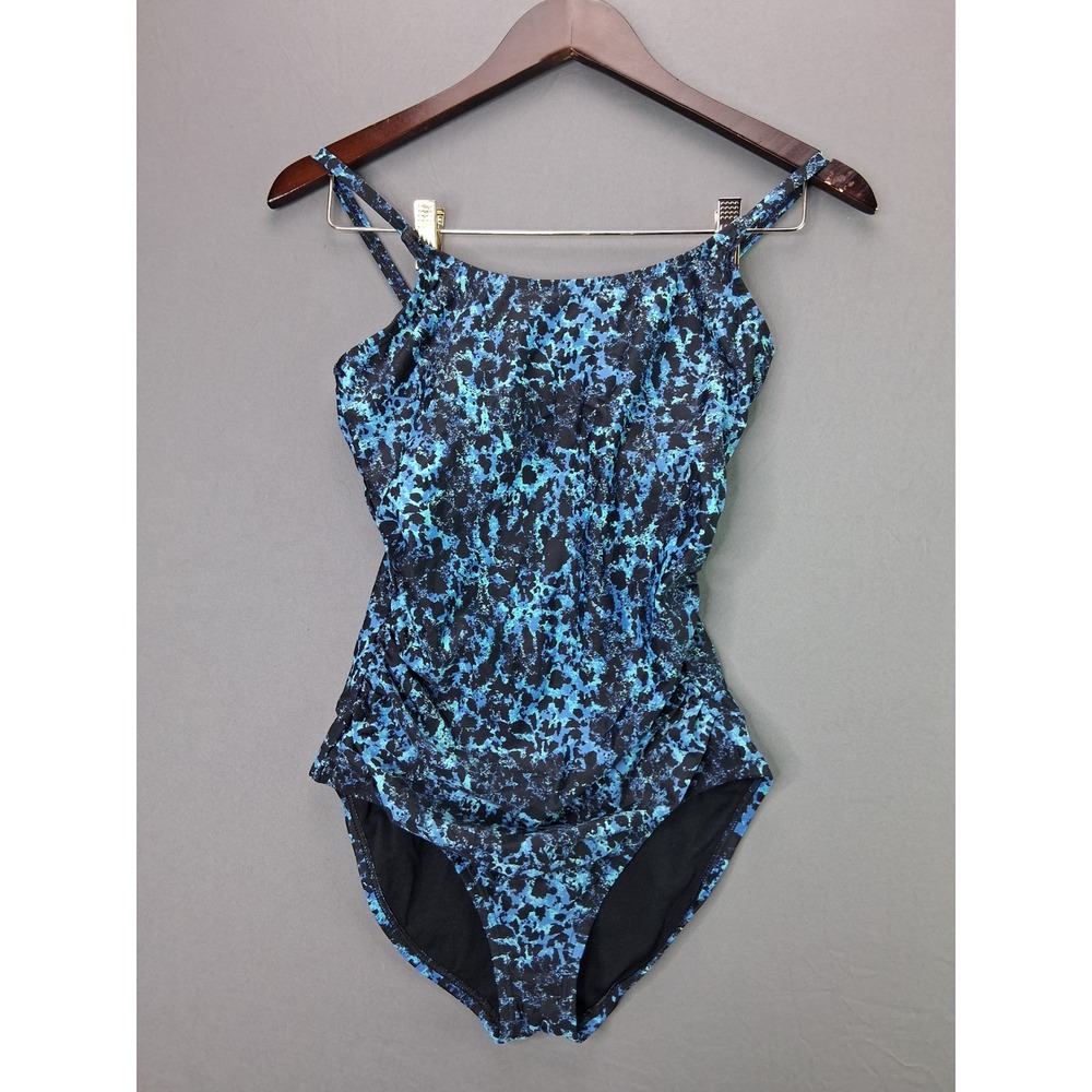 Speedo One Piece Swimsuit Ruched Abstract Blue Black 8 Shelf Bra Athletic Swim